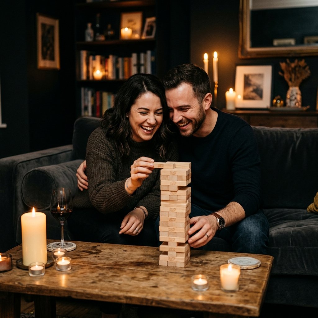 Couple laughing while playing Couple Jenga at home
